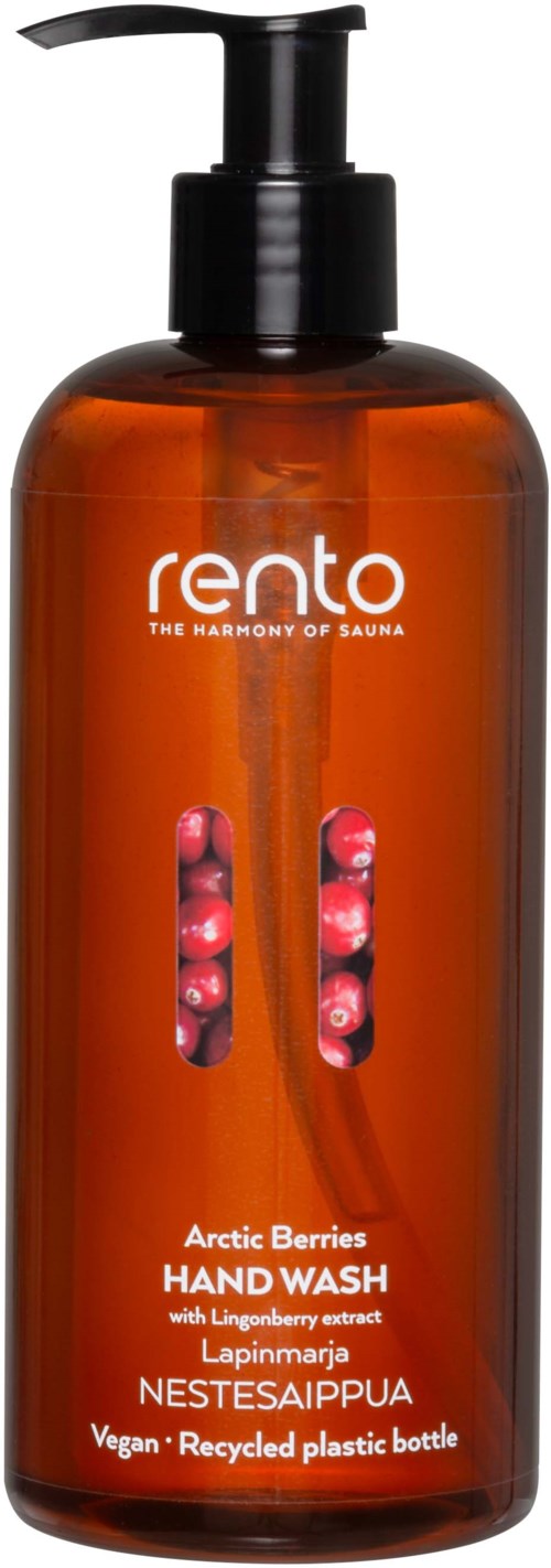 Amber bottle of Rento Arctic Berries Hand Wash with pump, label shows berries and supplement description.