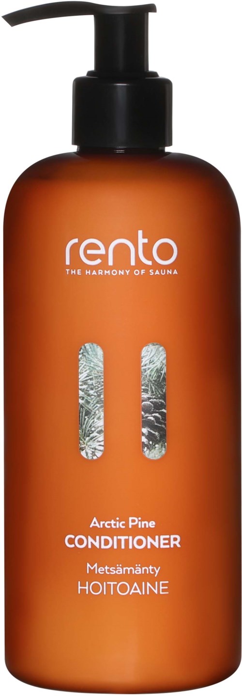 Ruskea pullo mustalla pumpulla, merkinnällä 'rento' ja 'Arctic Pine Conditioner'.