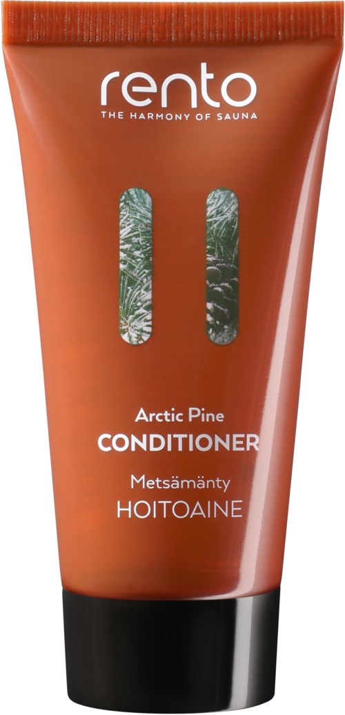 Een bruine tube met een zwarte dop bevat Rento Arctic Pine Conditioner, met twee kleine vensterachtige doorzichtige gebieden die productdetails tonen.