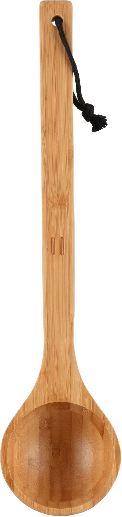 A large wooden spoon with a long handle and a small black rope attached at the top.