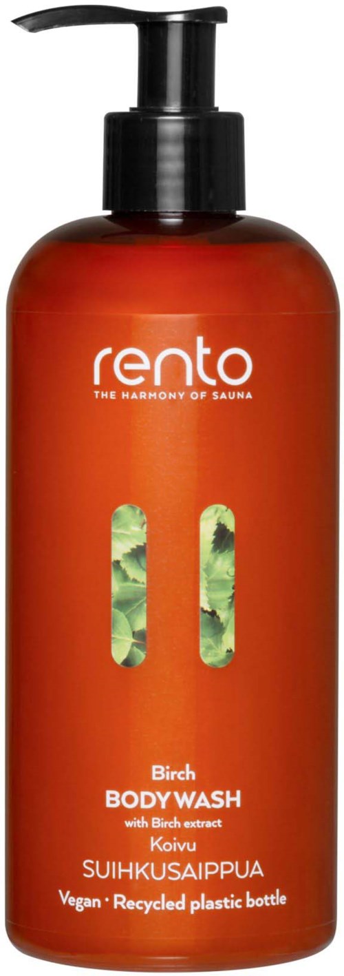 En brun flaske med pumpe merket 'Rento Birch Body Wash med Bjørk, Koivu, Suihkuhampoo.'