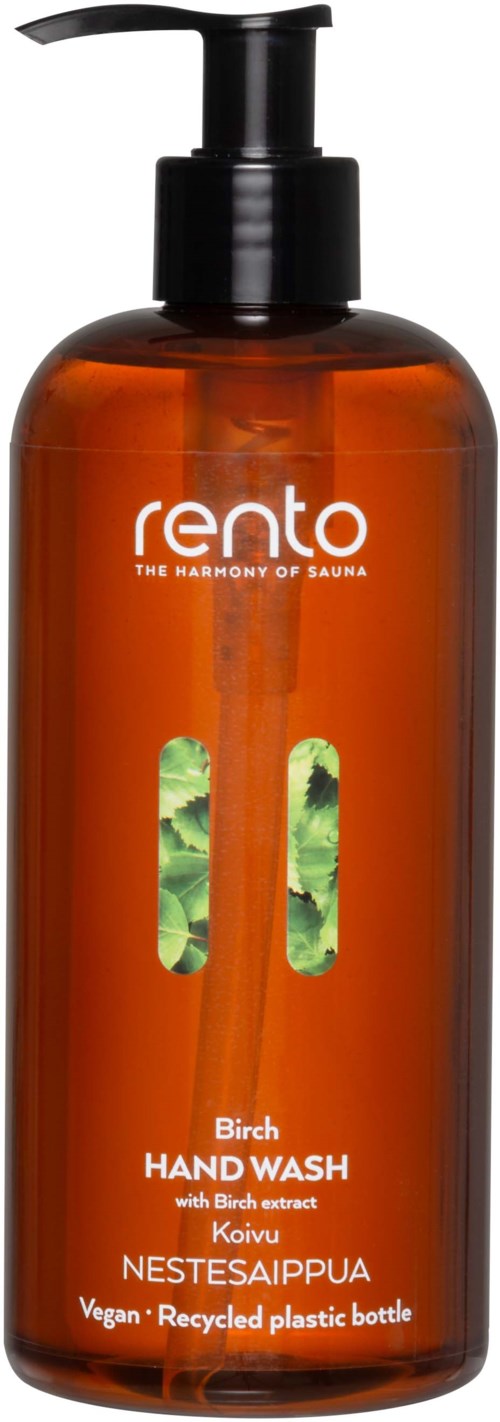 En brun plastflaska med svart pump, märkt 'Rento' och 'Birch Hand Wash' med bilder av blad.