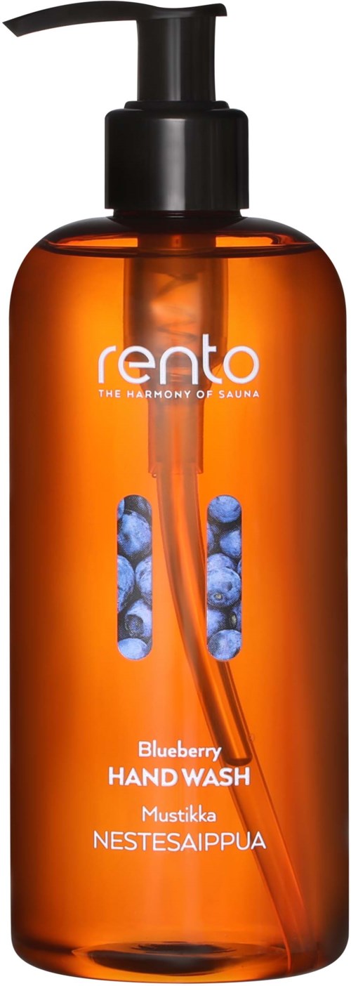 En orange plastflaska med svart pump, märkt 'Rento Blueberry Hand Wash,' innehållande handtvål med blåbär inuti.