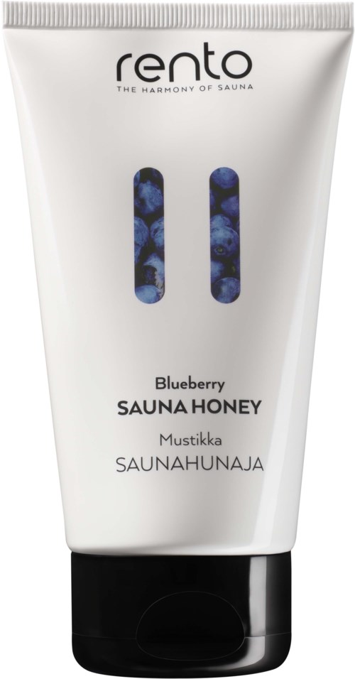 A tube of Rento Blueberry Sauna Honey with blue and black design elements, text in multiple languages, and a black cap.