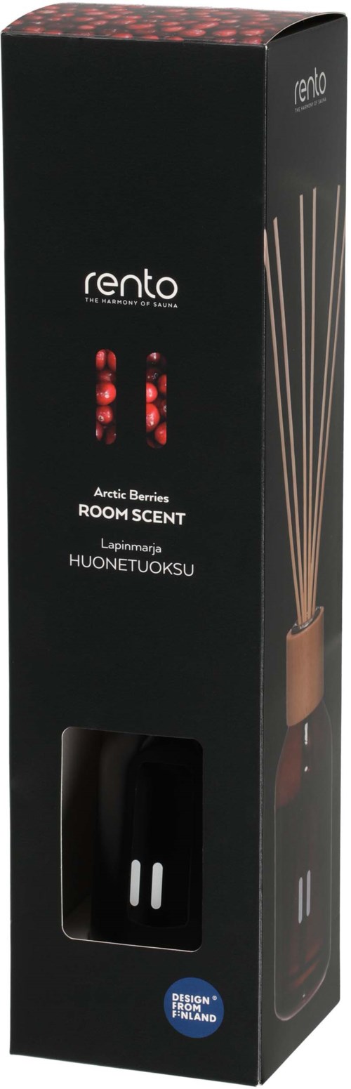 En lang sort kasse med vindue viser en diffuser med pinde. Teksten nævner rumduft, aroma bær, og Rento mærke.