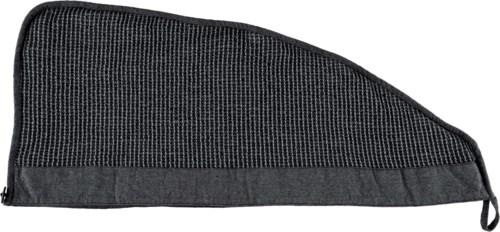 Een zwart gaas- en stoffenetui met rits, gevormd als wig, voor het opbergen van gereedschap of kleine voorwerpen.