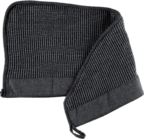 Zwarte verkoelende handdoek met een textuurrijke oppervlakte en een streep onderaan, voor sport.