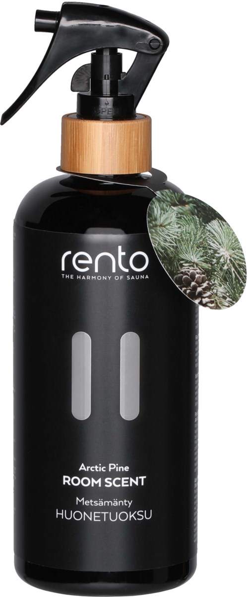 Zwarte sprayfles met houten hals, gemarkeerd 'Rento' en 'Arctic Pine', met een ronde afbeelding van een dennenboom.