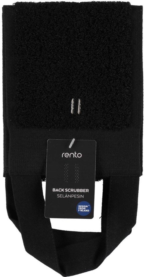 A black cloth bag with a label, used for cleaning. It is from Rento and called Back Scrubber.