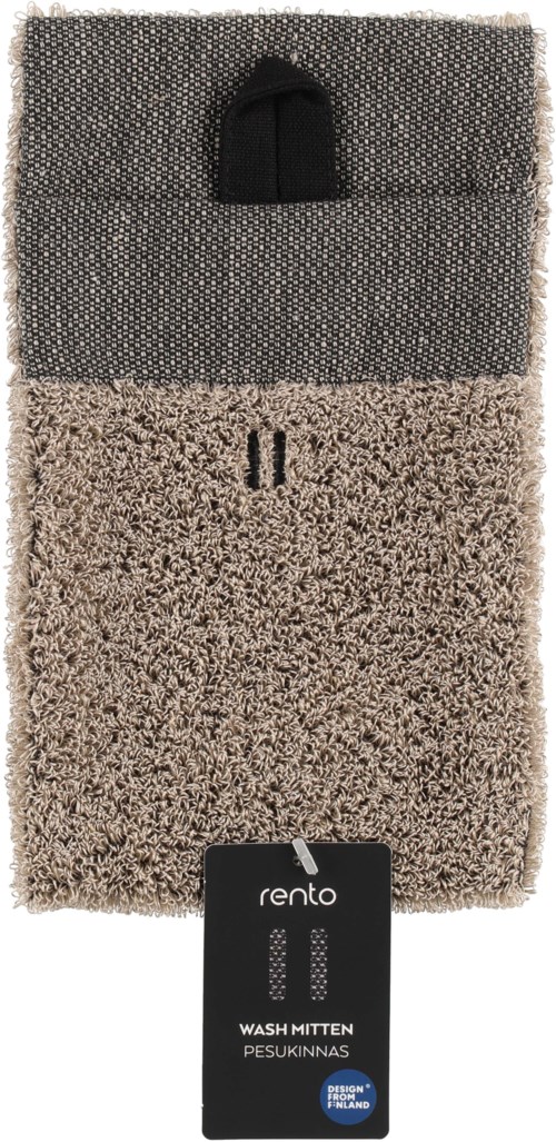 A washing mitt with gray and cream textured fabric, a black strap, and a label that says "Rento."