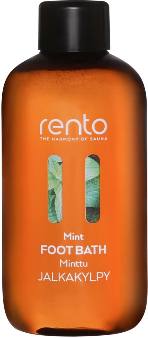 Oranssi pullo, jossa lukee 'Rento Mint Foot Bath', ja kaksi ikkunaa, jotka paljastavat lehdet sisällä.