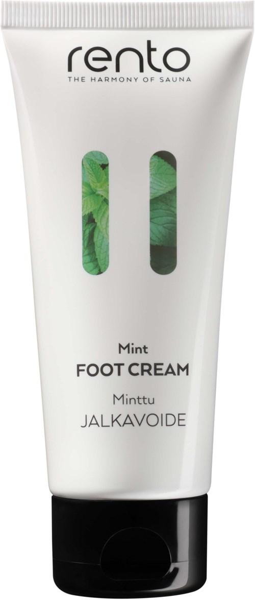 Foot cream with mint scent designed to nourish and refresh tired feet. Features green leaf imagery on the packaging.