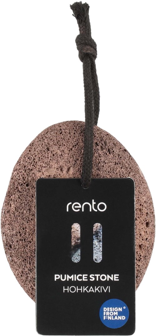 En pumesten hænger i en sort snor med en mærkat, der siger "rento" og "PUMICE STONE HOHKAKIVI."