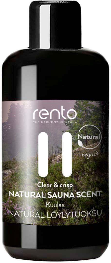 Black bottle with a label showing green nature scene and product name for natural sauna scent.