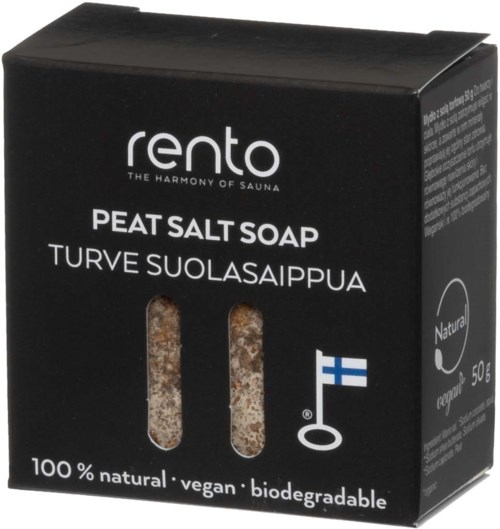 Czarne opakowanie mydła z solą torfową, flaga Finlandii, zawiera naturalne, wegańskie, biodegradowalne składniki, 50g.