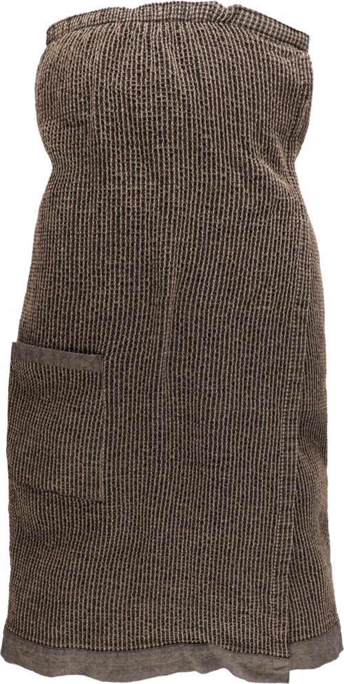 A brown checkered skirt with a pocket on the side. It looks comfortable and casual. The skirt is knee-length.