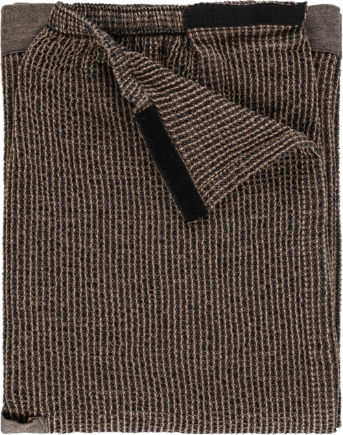 A folded pair of brown and black plaid pants with a black tag on the waistband.