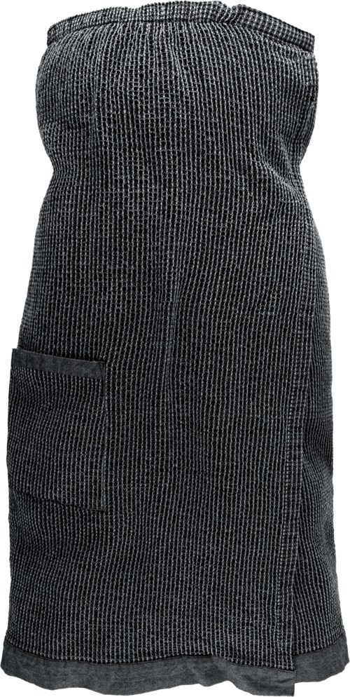 En svartvit randig förkläde med en ficka på sidan.
