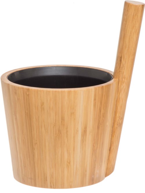 A wooden toilet with a black seat and a tall wooden handle attached to the side.