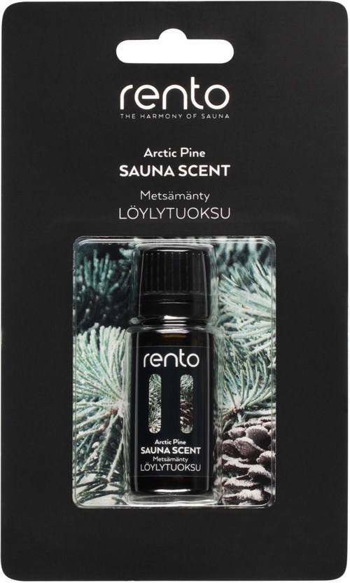 Small black bottle with pine scent, packaged in black and green cardboard with pine branch image.