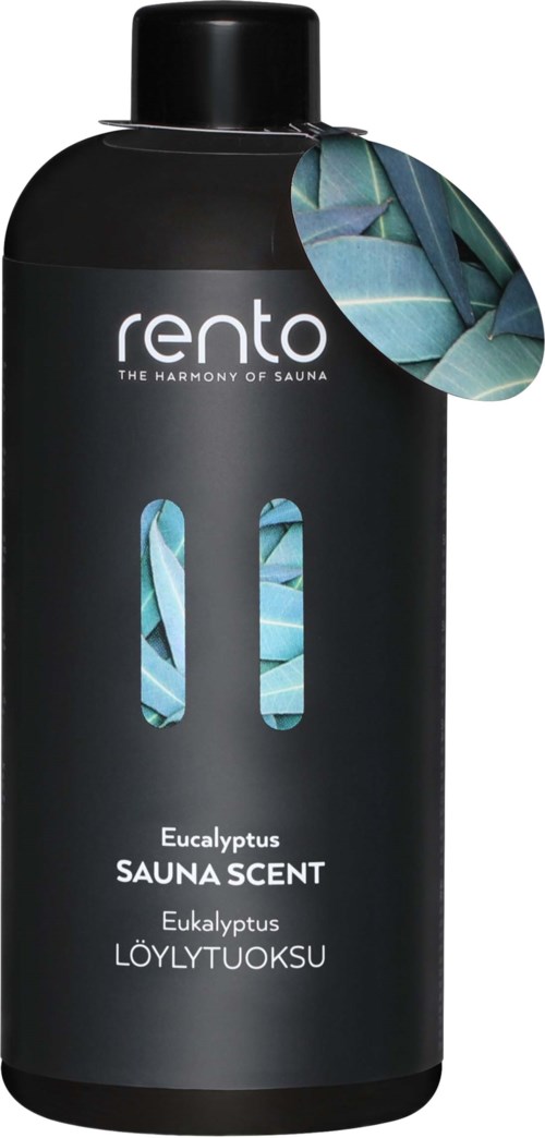 A black bottle with a floral label and a plant-shaped cap. It is for eucalyptus sauna scent. The text is in multiple languages.