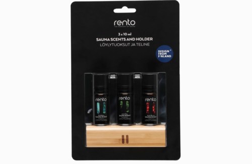 A set of three small bottles for sauna scents, with a wooden holder, in black packaging.