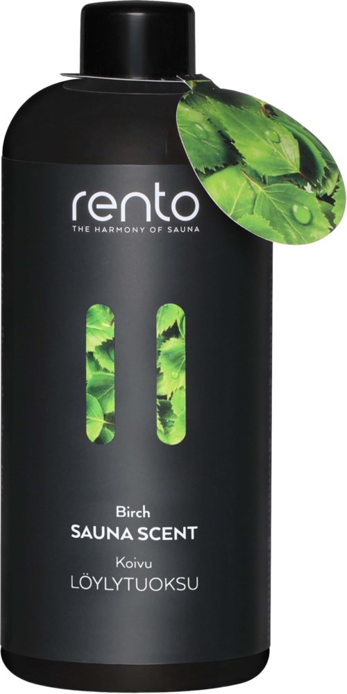 En svart flaske med grønne blader på et tag, merket Rento Sauna Scent, Bjørk smak, for bruk i badstue.