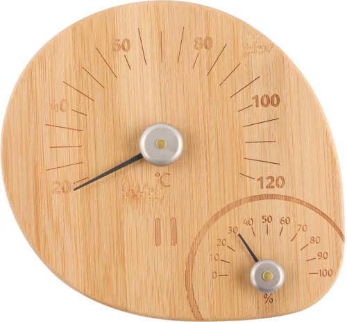 A wooden device displays temperature in Celsius and humidity in percentage with two dials, one large and one small.