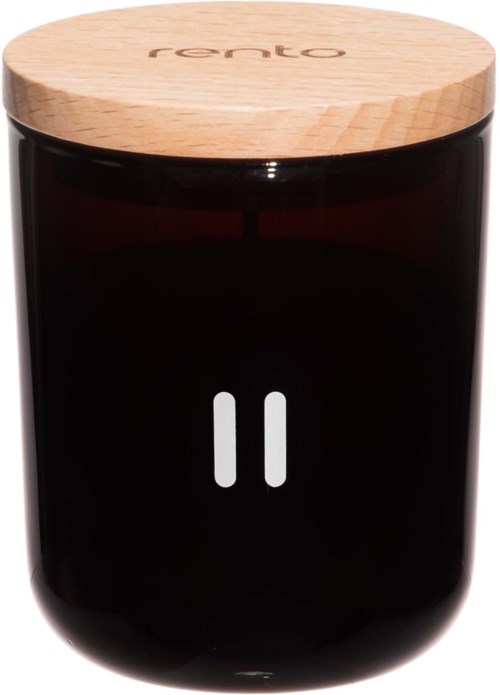 Een zwart apparaat met een houten deksel met 'rento' erop en twee witte pauzesymbolen aan de voorkant.
