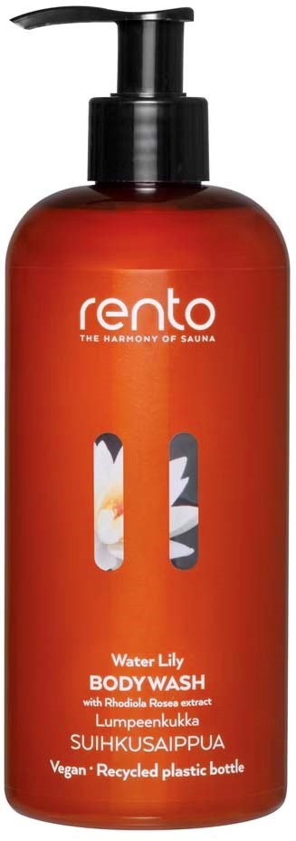 En röd plastflaska med svart pump märkt 'Rento Water Lily Body Wash'. Den står att den är vegansk och tillverkad av återvunnen plast.