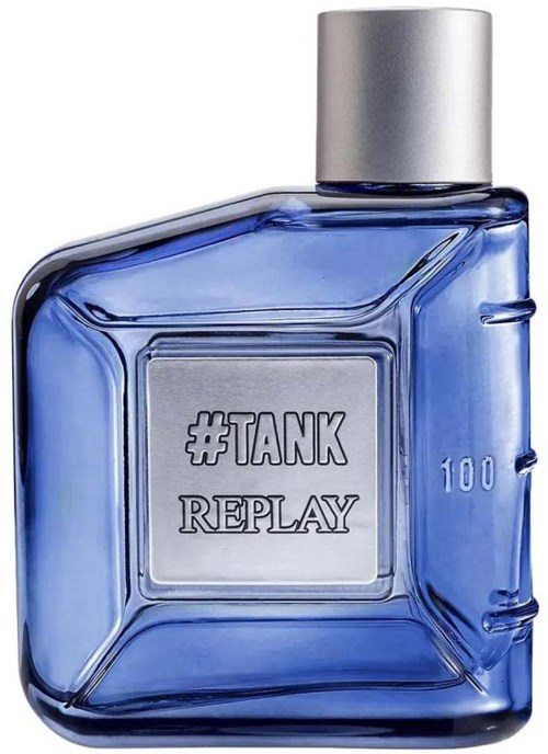 En blå parfymeflaske mærket '#TANK REPLAY' med sølvhætte.