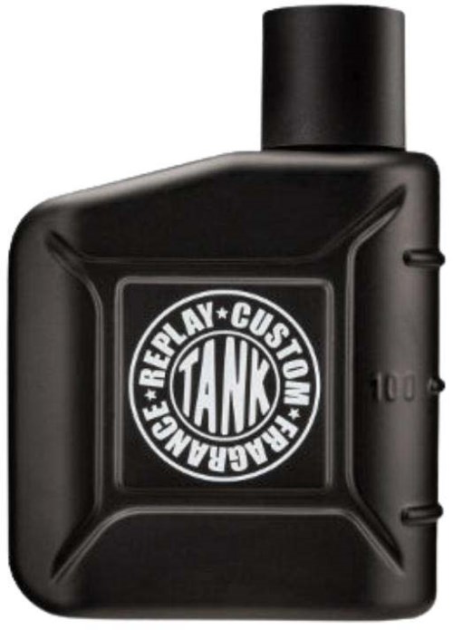 En sort flaske med en cirkulær etiket, der står "TANK" og ord omkring den, ser ud til at være en parfume- eller colonglas.