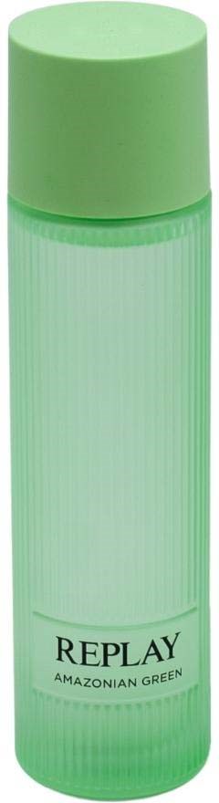 En grønn sprayflaske merket 'REPLAY AMAZONIAN GREEN'. Enkel design med matchende grønn flaske og lokk.