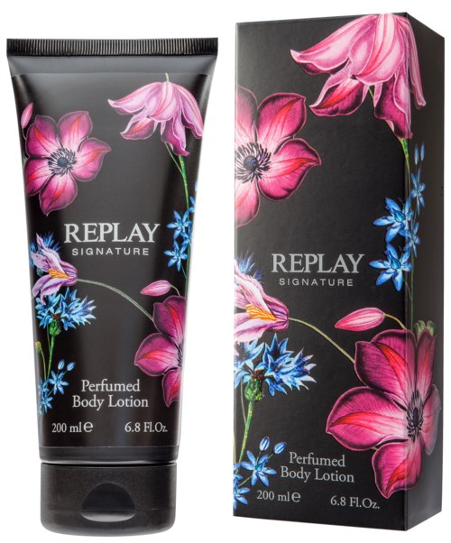 Czarna tubka i opakowanie z kolorowymi kwiatami, oznaczone Replay Signature Perfumowana Balsam Ciała, 200 ml.