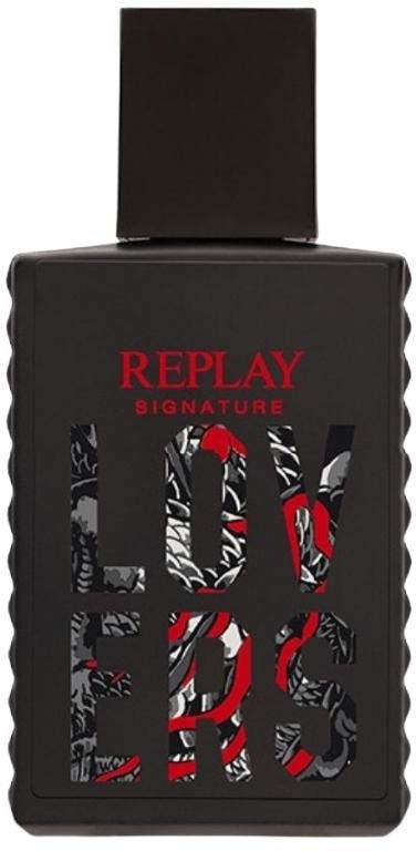 En svart parfymeflaske med teksten "REPLAY SIGNATURE" og en fargerik, mønstret etikett som viser "LOVE".