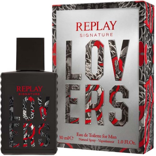 A black perfume bottle and box with red and black text, reading 'REPLAY SIGNATURE LOVE RULES', for men's eau de toilette.