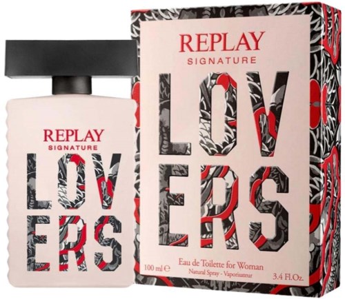 En parfume flaske med blomsterdesign og en matchende æske, der viser navnet 'Love Lovers'.