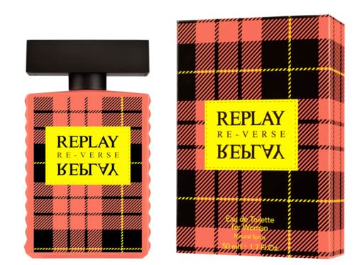 En parfyllflaska och ett paket i rött och svart rutmönster med en gul etikett som säger "REPLAY REVERSE".