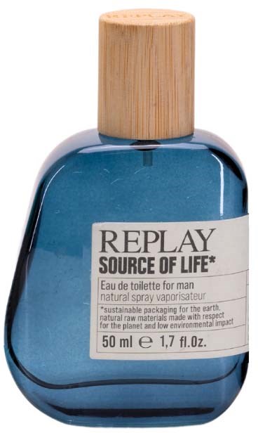 A blue perfume bottle with a wooden cap, labeled 'REPLAY SOURCE OF LIFE', for men, 50ml.