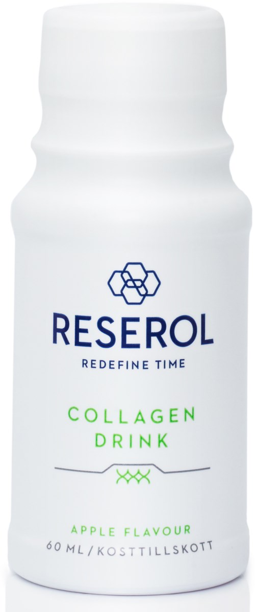 En hvit flaske med blå og grøn tekst, merket Reserol Collagen Drink, eplesmak, 60 ml dosering, for helse.