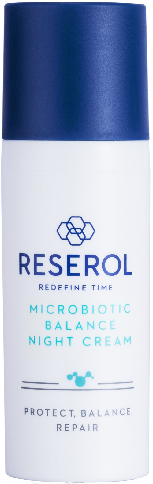 Eine weiße und blaue Flasche mit der Aufschrift 'Reserol Microbiotic Balance Night Cream' mit Symbolen und beschreibenden Worten.
