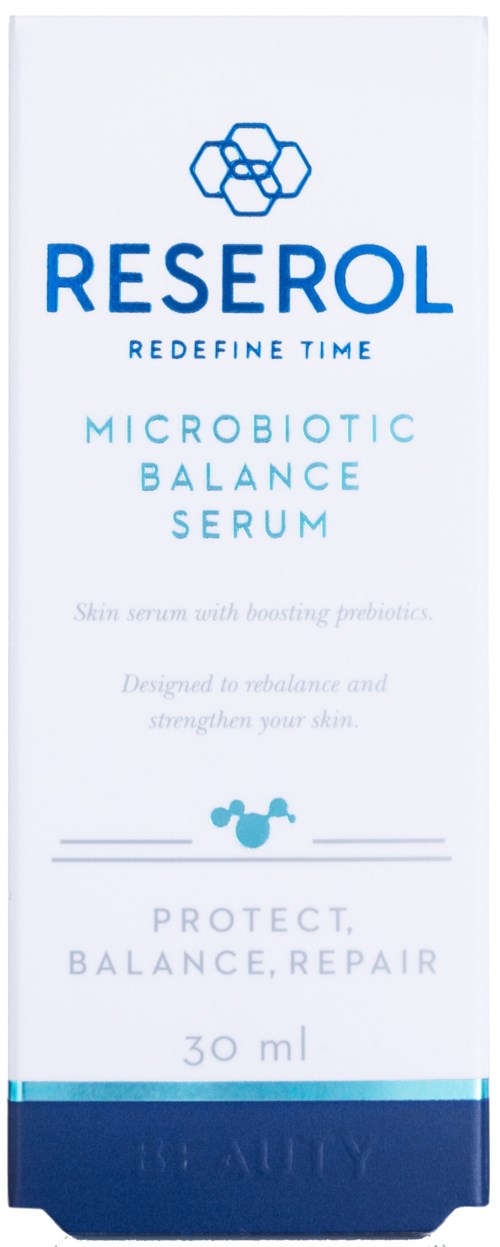 En vit och blå flaska för Reserol Microbiotic Balance Serum med text om hudfördelar och storlek.