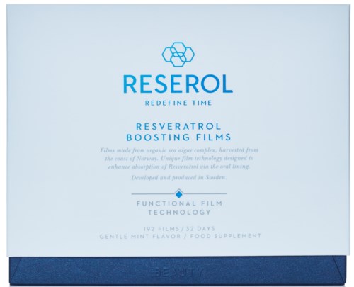 Niebieskie opakowanie dla Reserol Resveratrol Boosting Films, zawiera szczegóły produktu i technologię.