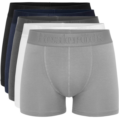 Fem par mäns boxershorts i svart, marinblå, mörkgrå, vit och ljusgrå färg.