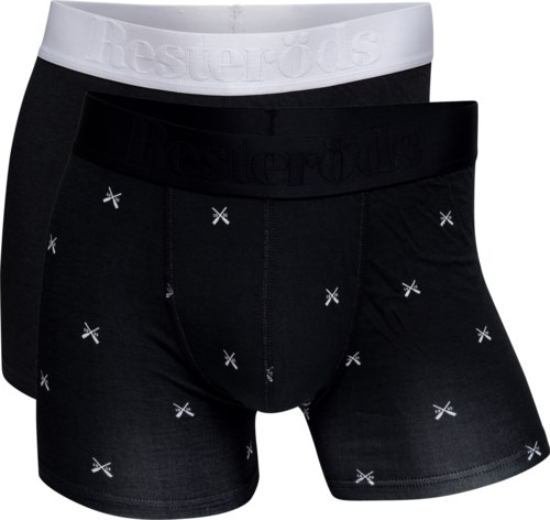 Två par herrboxershorts, ett med vit midja och ett med svart midja, båda med små vita mönster.