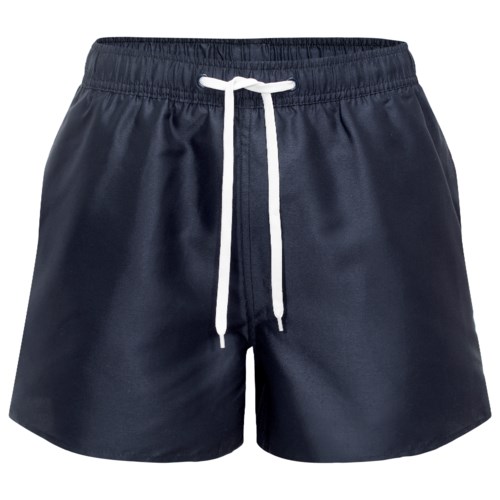 Mörk navyblå shorts med vit dragsko, gjorda av glansigt material, avsedda för sport eller fritid.