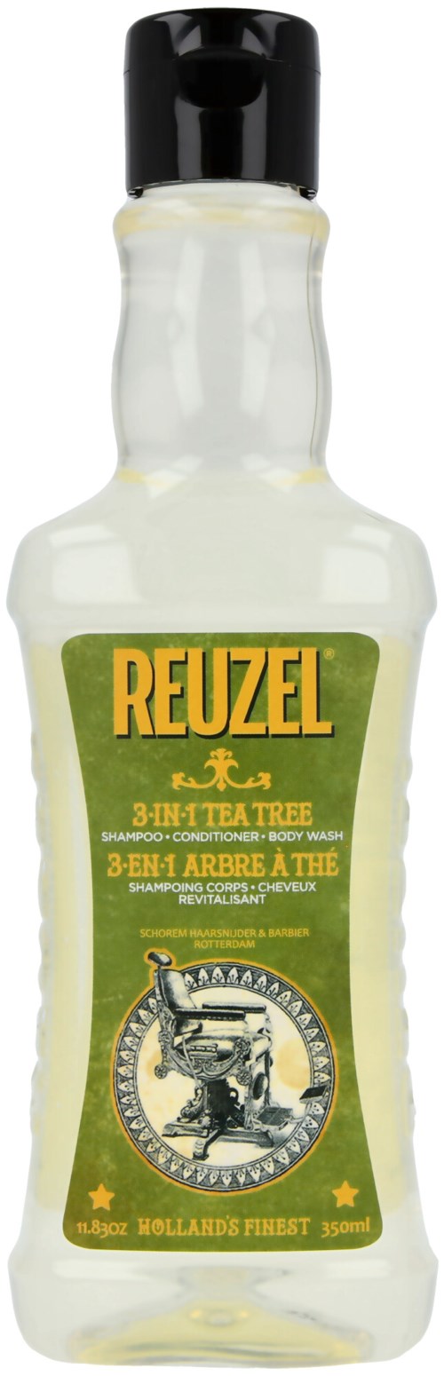 Reuzel 3-i-1 hårprodukt för schampo, balsam och kroppstvätt med grön etikett och svart lock.