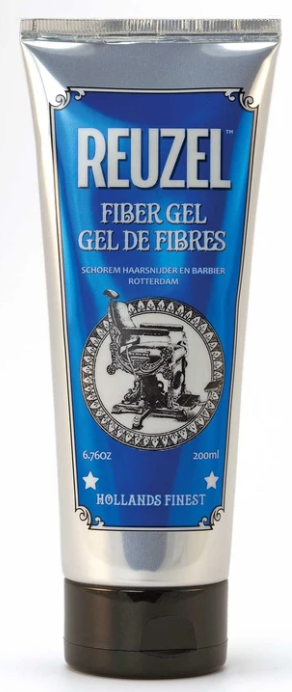 Eine blaue und weiße Tube mit der Aufschrift 'REUZEL Fiber Gel' und einer Maschinenskizze, 200 ml, aus Hollands Finest.