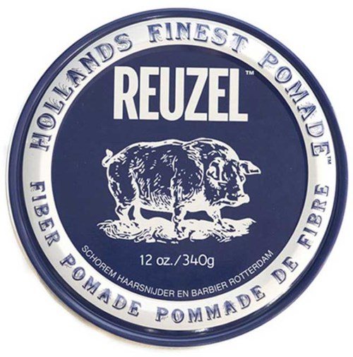 A round logo with a bear and the text 'REUZEL' at the top, mentioning hair pomade and weight details.