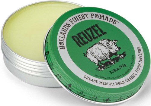 Grønn boks med hårpomade med tusen og tekst om hold og kvalitet.